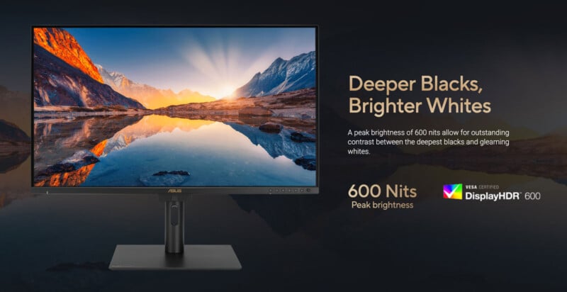 A computer monitor displays a scenic mountain landscape reflected in a calm lake. Text beside the monitor highlights "Deeper Blacks, Brighter Whites," 600 nits peak brightness, and VESA DisplayHDR 600 certification.