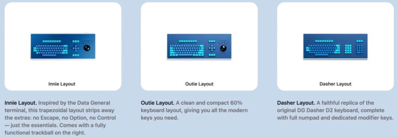 Three blue computer keyboards are shown: the Innie Layout with a trackball, the compact Outie Layout, and the Dasher Layout with a full numpad. Each keyboard is displayed on a light background with labels beneath.