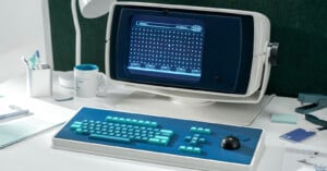 A retro computer with a blue and teal keyboard and a large monitor displaying a pixelated interface sits on a white desk with office supplies, including papers, a mug, and pens.