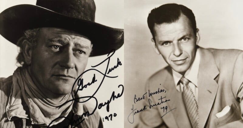 A black-and-white photo collage features two men in suits, both with serious expressions. Each photo has a handwritten autograph and message on it. The left man wears a cowboy hat; the right man is in a light-colored suit.