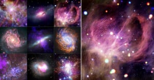 A collage of bright, colorful images of galaxies, nebulae, and star clusters in space, featuring swirls of purple, pink, blue, orange, and white light against a dark background.