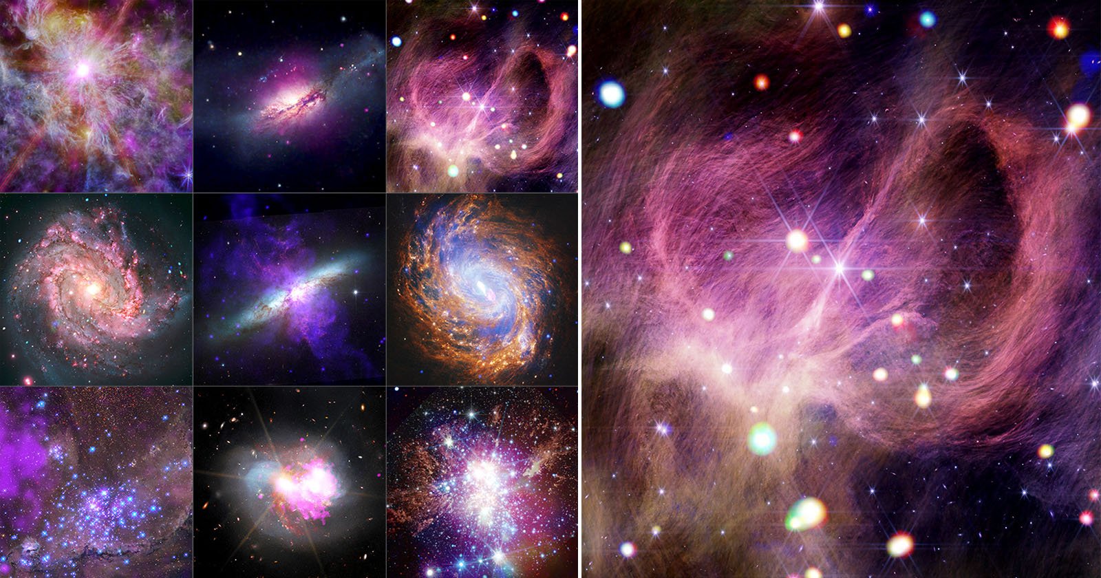 A collage of bright, colorful images of galaxies, nebulae, and star clusters in space, featuring swirls of purple, pink, blue, orange, and white light against a dark background.