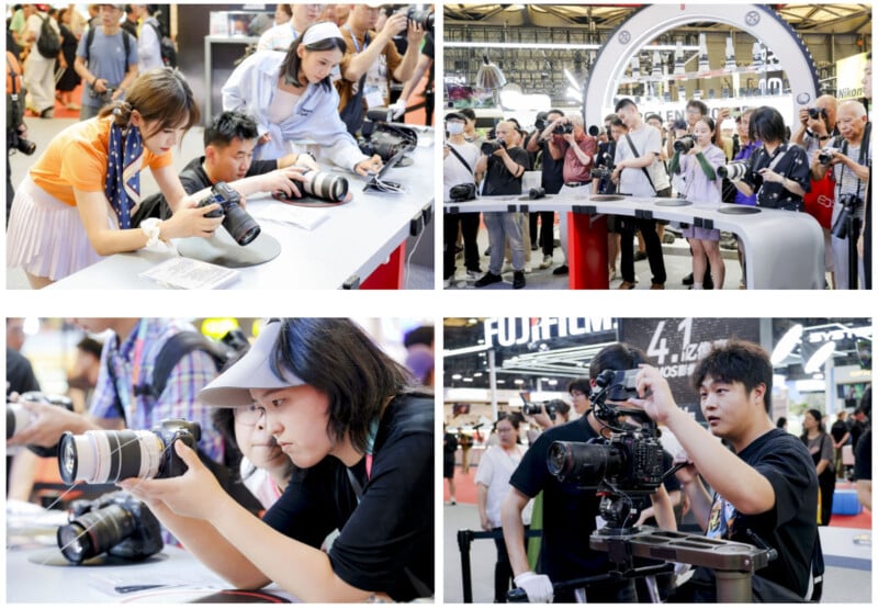 Four photos show people at a camera expo; they are testing cameras, examining lenses, and participating in demos at booths, surrounded by displays and other attendees in a busy exhibition hall.
