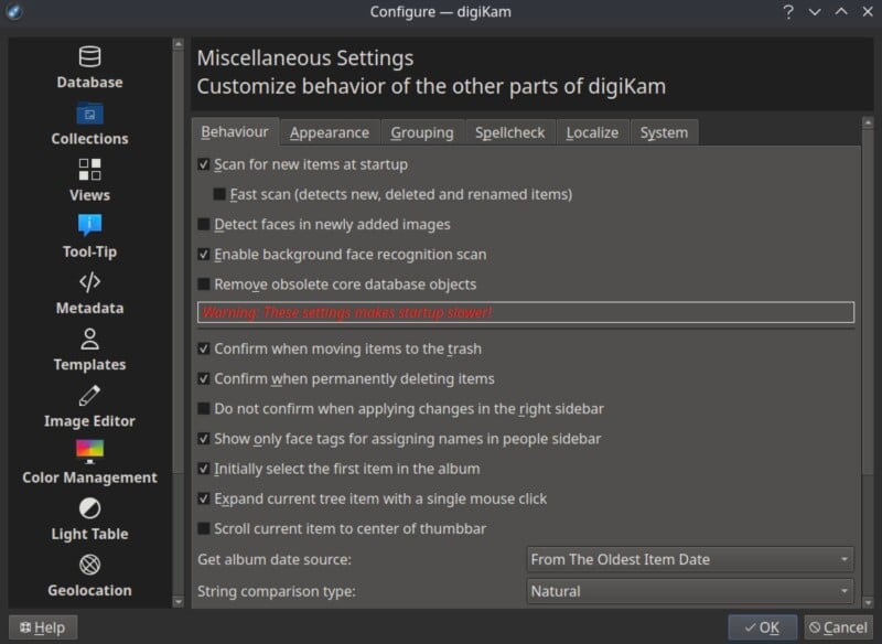 Screenshot of digiKam's configuration window, focused on Miscellaneous Settings. Several options are checked, and a red warning says, "Warning: These settings makes startup slower!" at the center of the panel.