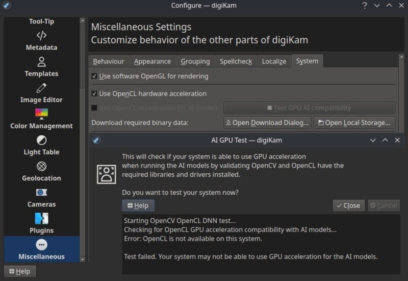 Screenshot of digiKam’s Miscellaneous Settings showing an AI GPU test result. The test failed, stating the system is not able to use GPU acceleration for the AI models due to missing or incompatible hardware or drivers.