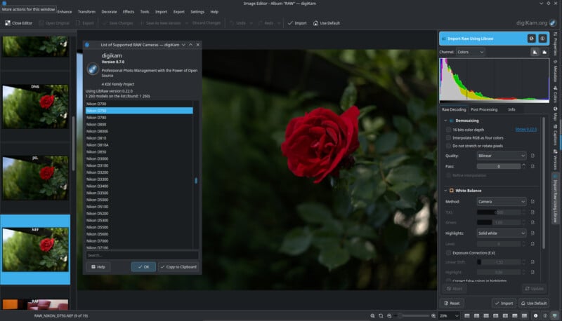 Screenshot of digiKam image editor showing a red rose photo. The left panel lists image files, the center displays a software info popup, and the right panel shows editing tools, a histogram, and adjustment options.