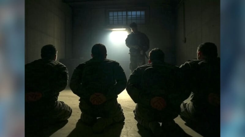 Four people sit on the floor with their hands behind their backs, facing a standing figure in military uniform in a dimly lit room with a barred window and concrete walls.