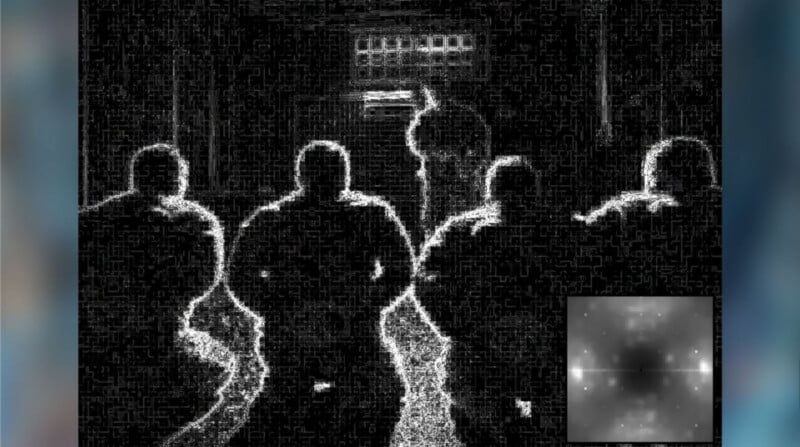 Stylized, high-contrast image of five people sitting and facing a bright doorway, with one person standing. On the bottom right, there's a small, grainy square showing a blurry star-like pattern.