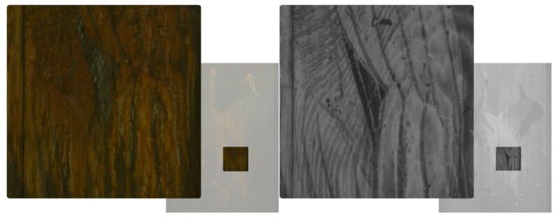 Side-by-side comparison of two square images: the left one is brown-toned with organic, textured patterns; the right one is a grayscale version. Both squares overlap semi-transparent gray rectangles with small inner squares.