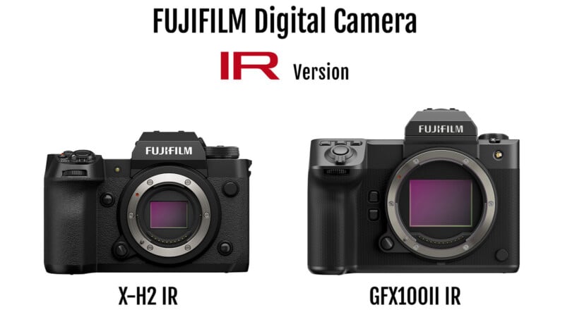 Two Fujifilm digital cameras are shown side by side: the X-H2 IR on the left and the GFX100II IR on the right. Both are labeled as IR (infrared) versions, with visible sensors and no lenses attached.