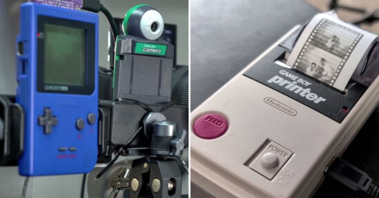A split image shows a blue Game Boy with a Game Boy Camera attached on the left, and a Game Boy Printer printing a black-and-white photo strip on the right.