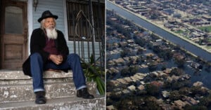 A man with a white beard sits on worn steps outside a house (left); an aerial view shows a flooded neighborhood with partially submerged houses (right).