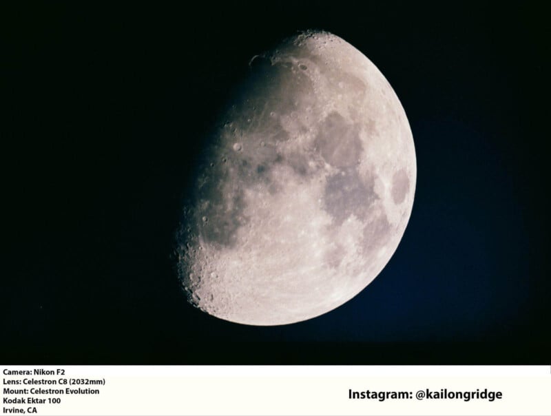 A close-up photograph of the moon's surface, showing craters and lunar texture against a black sky. Camera details and an Instagram handle are visible in the white border at the bottom.