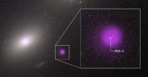 A galaxy with a bright core is shown. An inset zooms in on a glowing purple spot labeled "HLX-1," highlighting a specific object within the galaxy against a field of stars.