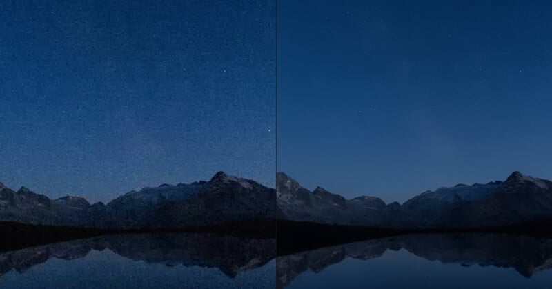 Side-by-side comparison of a mountain landscape at night, reflected in a lake. The left side is grainy with noise, while the right side is clearer and sharper, showing improved image quality.