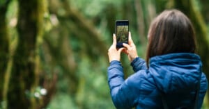 A person wearing a blue jacket takes a photo of a lush, green forest using a smartphone. The individual is facing away from the camera, and trees fill the background.