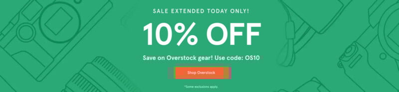 Green banner with camera and equipment outlines, large white text reads "10% OFF". Smaller text says "Save on Overstock gear! Use code: OS10". Orange button below says "Shop Overstock". Sale extended today only.