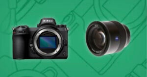A Nikon Z6 mirrorless camera body is shown on the left, and a Zeiss camera lens is displayed on the right, both against a green background with faint line art.