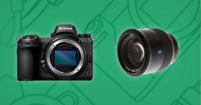 A Nikon Z6 mirrorless camera body is shown on the left, and a Zeiss camera lens is displayed on the right, both against a green background with faint line art.