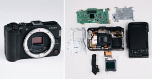 A Canon camera is shown on the left. On the right, the same camera is disassembled, displaying its internal components, circuit boards, and parts laid out neatly on a white surface.