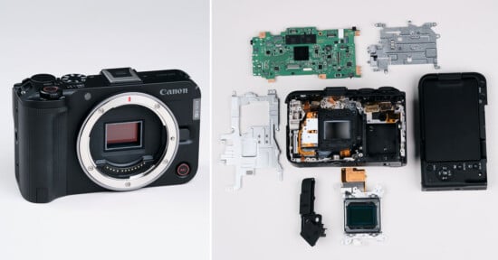 A Canon camera is shown on the left. On the right, the same camera is disassembled, displaying its internal components, circuit boards, and parts laid out neatly on a white surface.