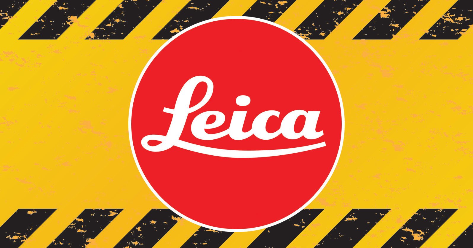 A red oval with the white Leica logo in the center, set against a yellow background with black diagonal hazard stripes along the top and bottom edges.
