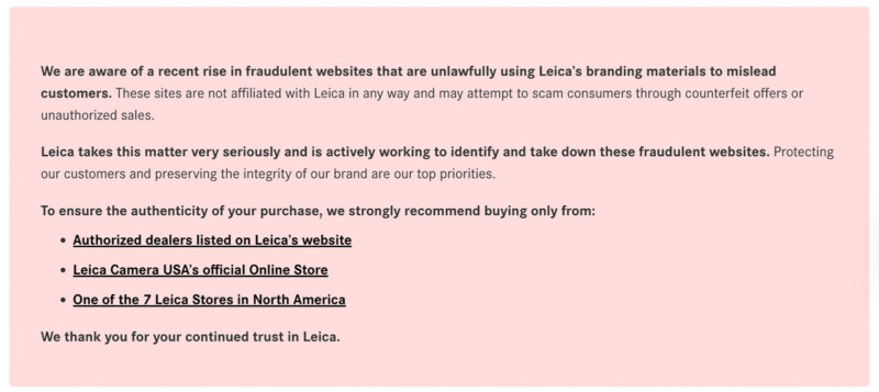 A notice from Leica warns about fraudulent websites misusing Leica branding, urges customers to use authorized dealers, and lists official links to ensure authentic purchases. The message is displayed on a pink background.