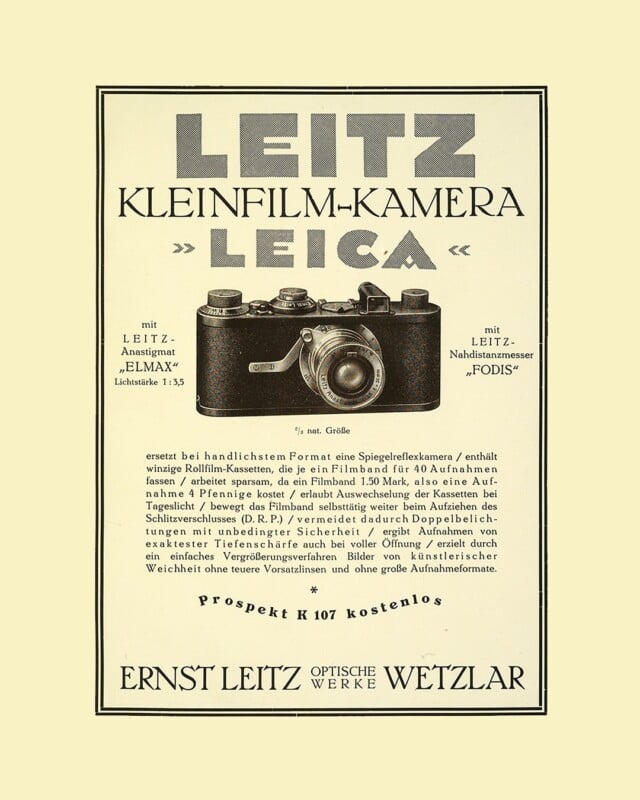 A vintage German advertisement for the Leitz Leica Kleinfilm-Kamera features an image of an early Leica camera, surrounded by German text detailing its features and specifications. The background is light beige.