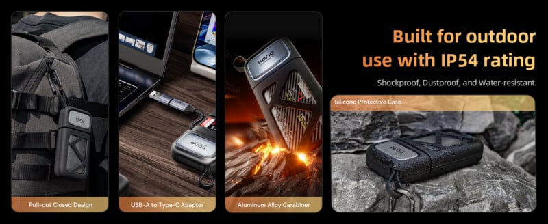 A rugged portable device is shown attached to a backpack, used with a USB-C adapter, clipped with an aluminum carabiner, and protected by a silicone case. Text highlights IP54 rating for outdoor, shock, and water resistance.