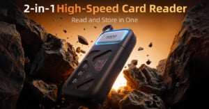 A black 2-in-1 high-speed card reader with a digital display is shown among flying rocks with an orange glow. Text reads: "2-in-1 High-Speed Card Reader. Read and Store in One.
