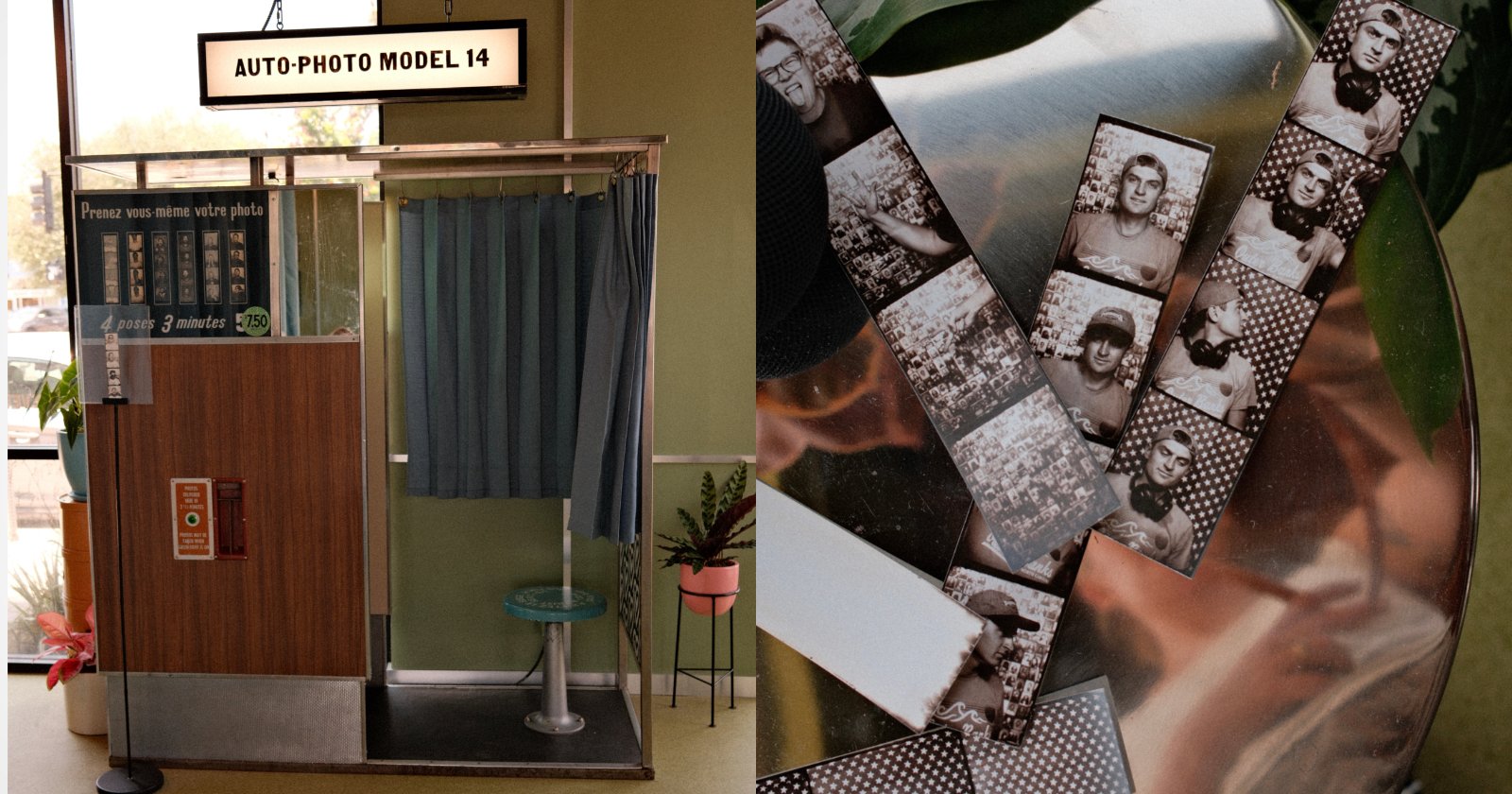 A split image shows a vintage photo booth with a blue curtain and stool on the left, and black-and-white photo strips with multiple people’s portraits on the right.