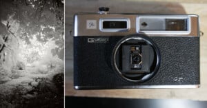 Split image: On the left, an infrared photo shows a bright, leafy forest path. On the right, a vintage Yashica GT camera with a rangefinder lens is placed on a wooden surface.