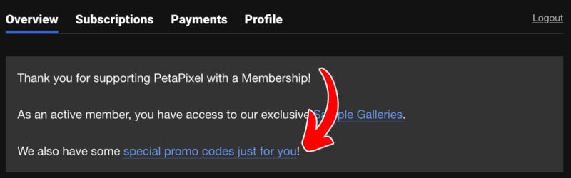 A website membership overview page with a red arrow pointing to a blue link that says "special promo codes just for you!.