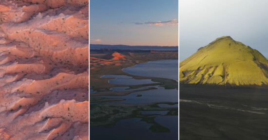 Three vertical panels: left shows red, eroded desert terrain; center features a river winding through a broad, flat landscape at sunset; right displays a green, moss-covered mountain on dark volcanic soil.