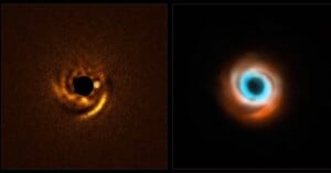 Side-by-side images of young planets forming in swirling disks of gas and dust. The left image shows a bright, orange ring with a dark center; the right image shows a blue and orange spiral pattern around a dark core.