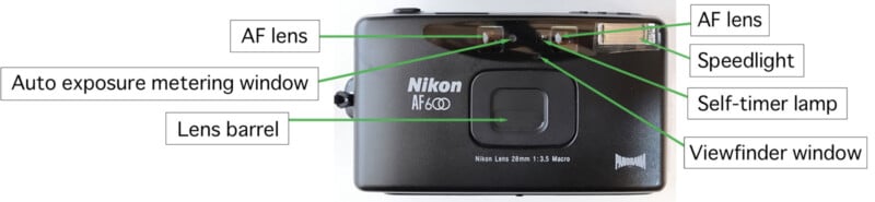 Top view of a Nikon L35 camera labeled with parts: AF lens, auto exposure metering window, lens barrel, AF lens (again), speedlight, self-timer lamp, and viewfinder window.