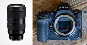 A Tamron 70-180mm camera lens is shown on the left, and a Nikon Z-series mirrorless camera body without a lens is on the right, both against neutral backgrounds.