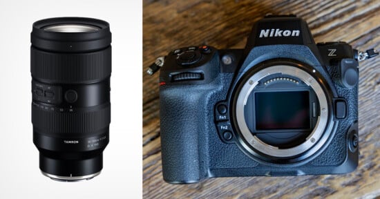 A Tamron 70-180mm camera lens is shown on the left, and a Nikon Z-series mirrorless camera body without a lens is on the right, both against neutral backgrounds.