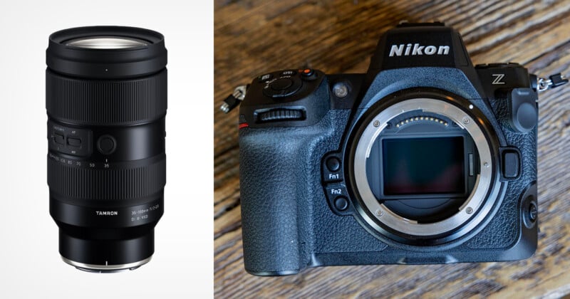A Tamron 70-180mm camera lens is shown on the left, and a Nikon Z-series mirrorless camera body without a lens is on the right, both against neutral backgrounds.