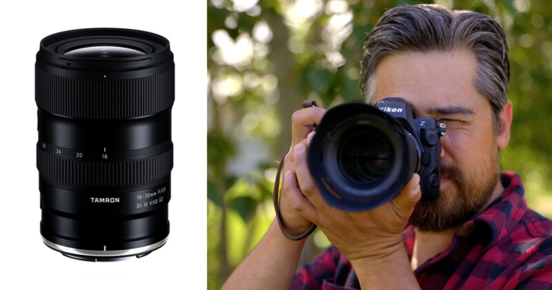 On the left, a Tamron 17-50mm camera lens. On the right, a man with dark hair and a beard in a red checkered shirt is outdoors, holding a Nikon camera with a large lens and taking a photo.