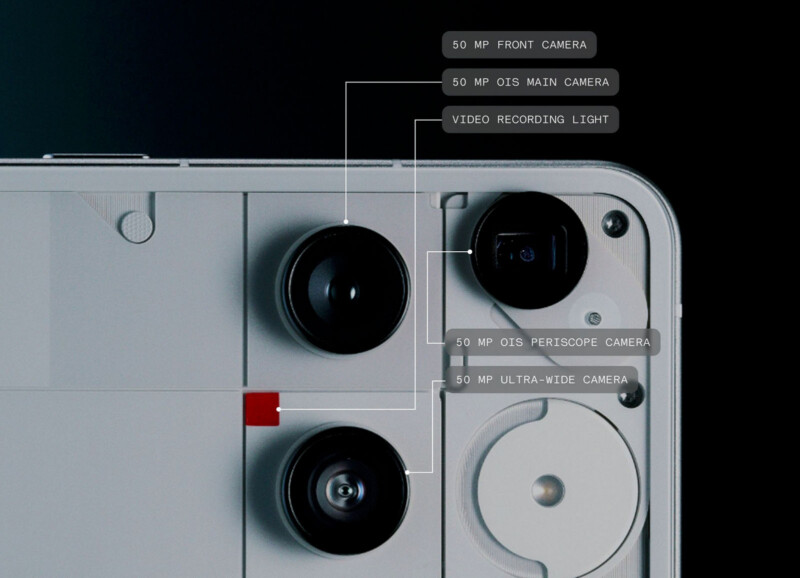 Close-up of a smartphone’s rear cameras with labels: 50 MP OIS main camera, 50 MP OIS periscope camera, 50 MP ultra-wide camera, plus front camera and video recording light. Minimalist design with visible screws.