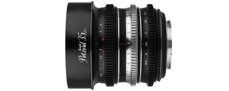 A black 35mm camera lens with silver and black focus rings, labeled "Petrol 35" in white script, displayed horizontally on a white background.
