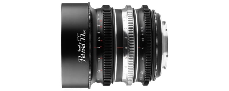 A close-up view of a camera lens labeled "Portrait 55 T1.8," showing detailed focus and aperture rings, set against a white background.