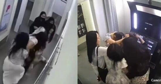 Two images: on the left, three women in white and black clothing are being confronted by two people in dark outfits in a hallway; on the right, the same three women huddle together at a photo booth, visibly distressed.