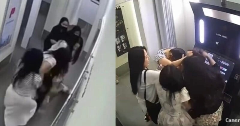 Two images: on the left, three women in white and black clothing are being confronted by two people in dark outfits in a hallway; on the right, the same three women huddle together at a photo booth, visibly distressed.