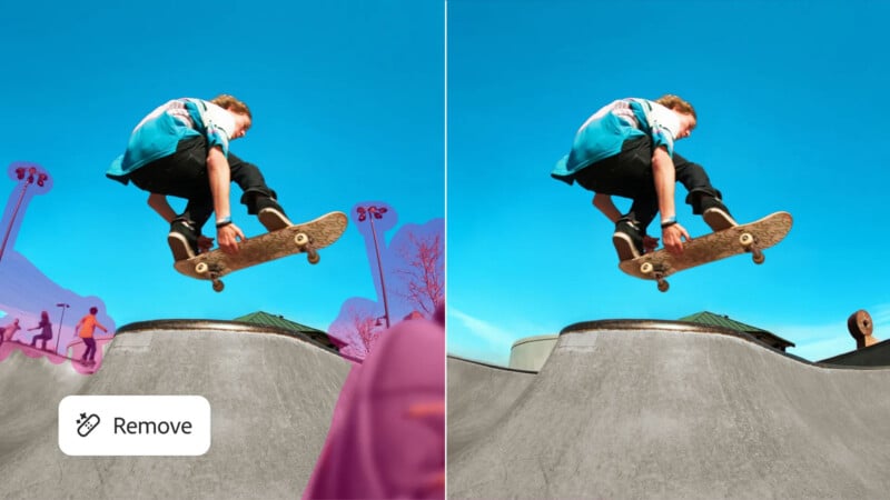 Split image showing a skateboarder mid-air above a ramp under a blue sky. Left side has highlighted background figures and a "Remove" button; right side shows a clean background with distractions removed.