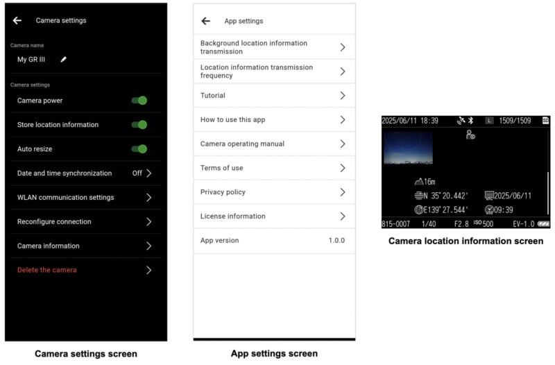 Three screens: left shows camera settings with options like camera power and location info; middle displays app settings menu; right shows camera image info with GPS coordinates.