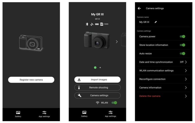 Three smartphone app screens: 1) "Register new camera" with a camera icon, 2) "My GR III" camera with import, remote shooting, and settings options, 3) Camera settings menu with toggles and camera management options.