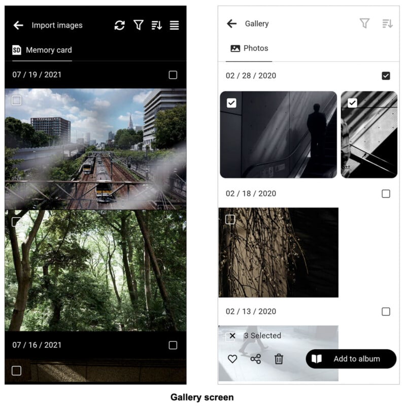 Split-screen showing two mobile gallery apps: the left side displays a photo grid with dates and city/forest images, while the right side shows a selection mode with black-and-white photos and checkmarks.
