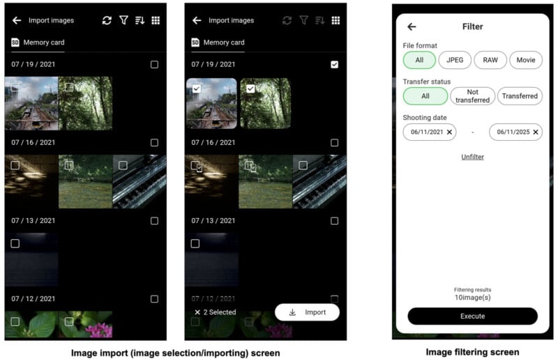 Three smartphone screens: the first two show an image import screen with selected photos from a memory card; the third shows a filter menu for sorting images by file format, transfer status, and shooting date.
